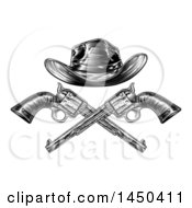 Clipart Graphic Of A Black And White Woodcut Etched Or Engraved Crossed Cowboy Hat Over Vintage Revolver Pistols Royalty Free Vector Illustration