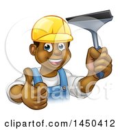 Poster, Art Print Of Cartoon Happy Black Male Window Cleaner In A Hardhat Giving A Thumb Up And Holding A Squeegee