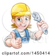 Poster, Art Print Of Cartoon Happy White Female Plumber Holding An Adjustable Wrench And Giving A Thumb Up