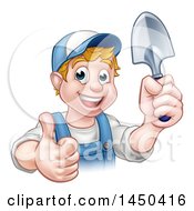Poster, Art Print Of Cartoon Happy White Male Gardener In Blue Holding A Garden Trowel And Giving A Thumb Up