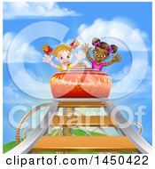Poster, Art Print Of Happy White And Black Girls At The Top Of A Roller Coaster Ride Against A Blue Sky With Clouds