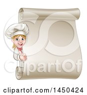 Clipart Graphic Of A Happy Young Blond White Female Chef Giving A Thumb Up Around A Scroll Menu Royalty Free Vector Illustration
