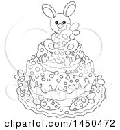 Poster, Art Print Of Cartoon Black And White Cute Easter Bunny Holding A Carrot On Top Of A Cake