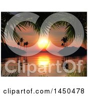 Poster, Art Print Of Sunset Over The Ocean In A Tropical Bay Framed By Palm Branches