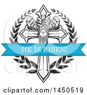 Poster, Art Print Of Black And White Cross With Eagle Talons And Wings A Wreath And Blue He Is Risen Banner