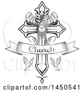 Poster, Art Print Of Black And White Cross With Eagle Talons And Wings Doves And Church Text