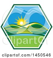Clipart Graphic Of A Sunny Landscape With Hills And A River In A Hexagon Royalty Free Vector Illustration by Vector Tradition SM