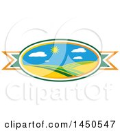 Clipart Graphic Of A Sunny Landscape With Hills In An Oval Over A Ribbon Royalty Free Vector Illustration