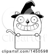 Clipart Graphic Of A Cartoon Black And White Witch Cat Character Mascot Over A Blank Sign Royalty Free Vector Illustration