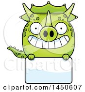 Clipart Graphic Of A Cartoon Triceratops Character Mascot Over A Blank Sign Royalty Free Vector Illustration