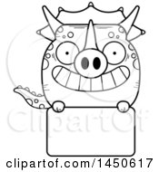 Clipart Graphic Of A Cartoon Black And White Lineart Triceratops Character Mascot Over A Blank Sign Royalty Free Vector Illustration