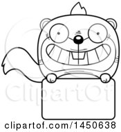Clipart Graphic Of A Cartoon Black And White Lineart Squirrel Character Mascot Over A Blank Sign Royalty Free Vector Illustration