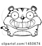 Cartoon Black And White Lineart Grinning Saber Toothed Tiger Character Mascot