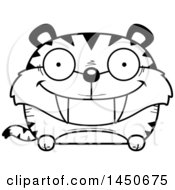 Cartoon Black And White Lineart Happy Saber Toothed Tiger Character Mascot