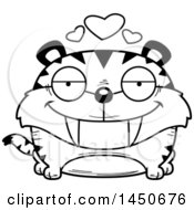 Clipart Graphic Of A Cartoon Black And White Lineart Loving Saber Toothed Tiger Character Mascot Royalty Free Vector Illustration