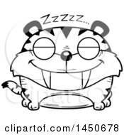 Clipart Graphic Of A Cartoon Black And White Lineart Sleeping Saber Toothed Tiger Character Mascot Royalty Free Vector Illustration by Cory Thoman