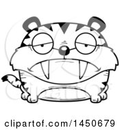 Clipart Graphic Of A Cartoon Black And White Lineart Sad Saber Toothed Tiger Character Mascot Royalty Free Vector Illustration