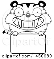 Cartoon Black And White Lineart Saber Toothed Tiger Character Mascot Over A Blank Sign