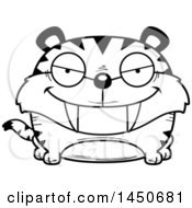 Clipart Graphic Of A Cartoon Black And White Lineart Sly Saber Toothed Tiger Character Mascot Royalty Free Vector Illustration by Cory Thoman