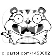 Cartoon Black And White Lineart Smiling Saber Toothed Tiger Character Mascot