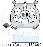 Clipart Graphic Of A Cartoon Rhinoceros Character Mascot Over A Blank Sign Royalty Free Vector Illustration