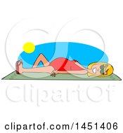 Cartoon Happy Pregnant White Woman Sun Bathing On A Beach Towel