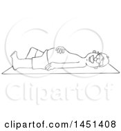 Clipart Graphic Of A Cartoon Black And White Lineart Happy Man Sun Bathing On A Beach Towel Royalty Free Vector Illustration by djart