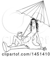Poster, Art Print Of Cartoon Black And White Happy Cave Woman Holding A Beer Can And Sitting Under A Beach Umbrella