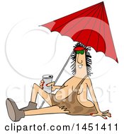 Cartoon Happy Cave Woman Holding A Beer Can And Sitting Under A Beach Umbrella