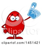 Cartoon Red Egg Mascot Character Wearing A Foam Finger