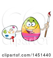 Clipart Graphic Of A Cartoon Decorated Easter Egg Mascot Character Holding A Paintbrush And Palette Royalty Free Vector Illustration