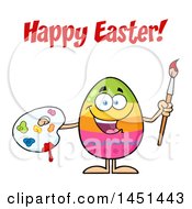 Poster, Art Print Of Cartoon Decorated Egg Mascot Character Holding A Paintbrush And Palette Under Happy Easter Text