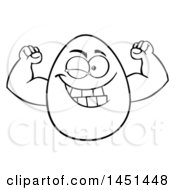 Clipart Graphic Of A Cartoon Black And White Lineart Egg Mascot Character Flexing Royalty Free Vector Illustration