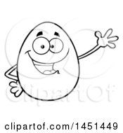 Clipart Graphic Of A Cartoon Black And White Lineart Egg Mascot Character Waving Royalty Free Vector Illustration