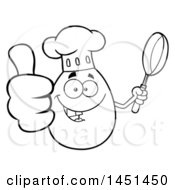 Clipart Graphic Of A Cartoon Black And White Lineart Egg Chef Mascot Character Holding A Frying Pan And Giving A Thumb Up Royalty Free Vector Illustration