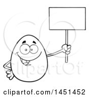 Clipart Graphic Of A Cartoon Black And White Lineart Egg Mascot Character Holding A Blank Sign Royalty Free Vector Illustration