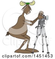 Poster, Art Print Of Cartoon Moose Photographer Wearing Sunglasses And Taking Pictures With A Camera On A Tripod