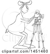 Clipart Graphic Of A Cartoon Black And White Lineart Moose Photographer Wearing Sunglasses And Taking Pictures With A Camera On A Tripod Royalty Free Vector Illustration