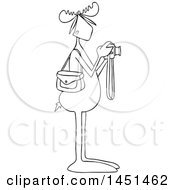 Clipart Graphic Of A Cartoon Black And White Lineart Moose Photographer Taking Pictures With A Camera Royalty Free Vector Illustration