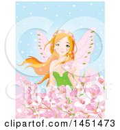 Red Haired Spring Time Fairy Surrounded Pink Blossoms Against Blue