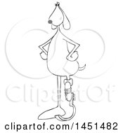 Cartoon Black And White Lineart Dog Standing Upright With A Prosthetic Spring Leg
