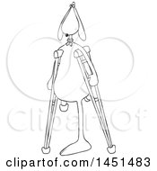 Clipart Graphic Of A Cartoon Black And White Lineart Three Legged Dog Using Crutches Royalty Free Vector Illustration
