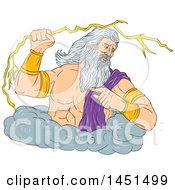 Drawing Sketch Styled Greek God Zeus Holding A Lightning Bolt In A Cloud