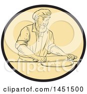 Poster, Art Print Of Drawing Sketch Styled Medieval Baker Rolling Out Dough In An Oval