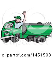 Cartoon Friendly Caucasian Male Driver Waving And Driving A Green Petrol Tanker