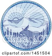 Lineart Styled Moose Wading In A River Against A Mountainous Sunset In A Blue Circle