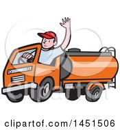 Cartoon Friendly Caucasian Male Driver Waving And Driving An Orange Tanker Truck
