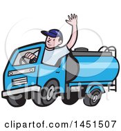 Cartoon Friendly Caucasian Male Driver Waving And Driving A Blue Tanker Truck