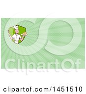 Poster, Art Print Of Retro Cartoon White Male Chef Holding A Spatula And Serving A Roasted Chicken And Green Rays Background Or Business Card Design