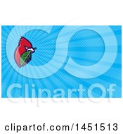 Poster, Art Print Of Retro Cartoon Red Cardinal Bird With A Leaf In His Mouth And Blue Rays Background Or Business Card Design